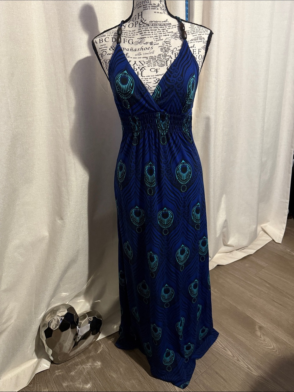 Blue Teal Printed Strappy Maxi Dress Sz 3/4